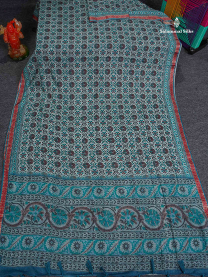 Soft Cotton Saree - Greenish Grey Body Printed With Small Fancy Border
