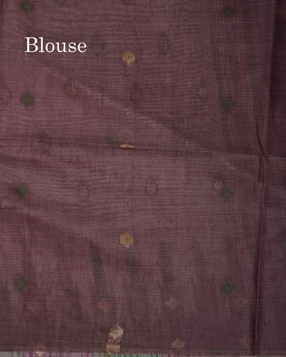 Beautiful Light Peach Menakari Work Muga Cotton Saree With Contrast Olive Green Blouse