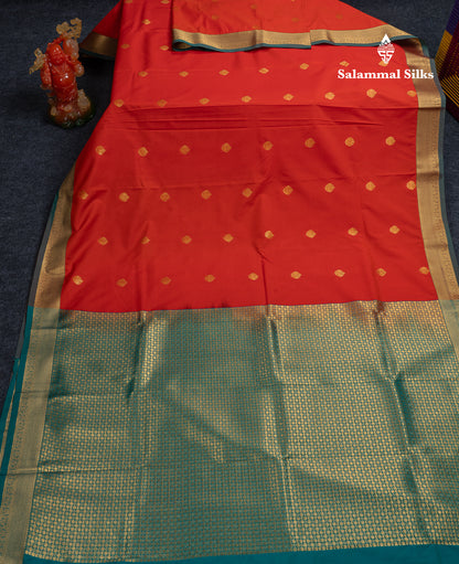 Beautiful Orange Zari Buttas Semi Silk Saree With Contrast Peacock Green Small Border