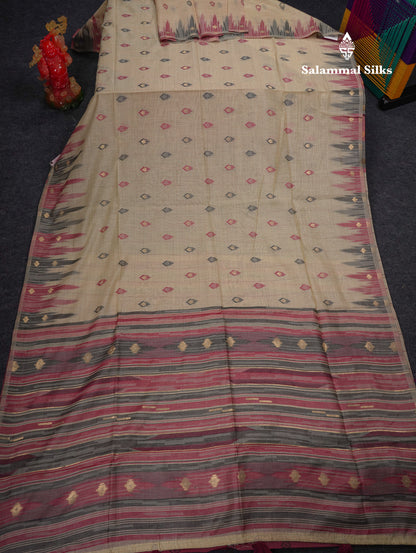 Beautiful Light Peach Menakari Work Muga Cotton Saree With Contrast Olive Green Blouse