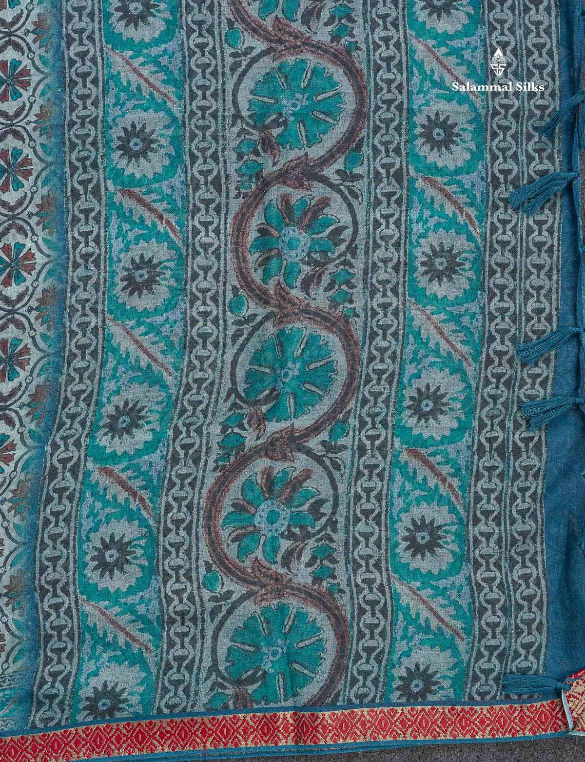 Soft Cotton Saree - Greenish Grey Body Printed With Small Fancy Border
