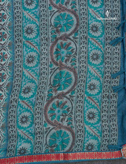 Soft Cotton Saree - Greenish Grey Body Printed With Small Fancy Border