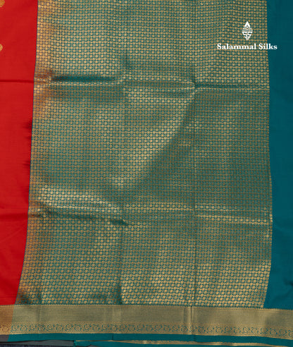 Beautiful Orange Zari Buttas Semi Silk Saree With Contrast Peacock Green Small Border