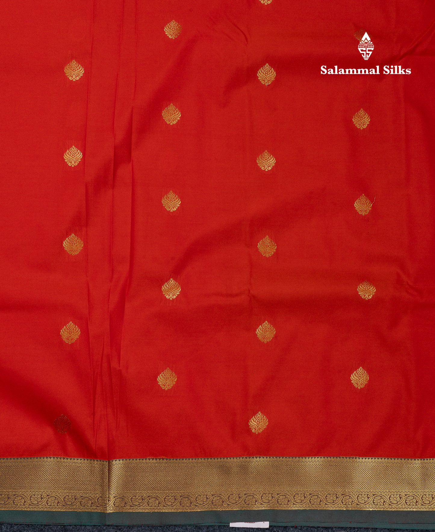Beautiful Orange Zari Buttas Semi Silk Saree With Contrast Peacock Green Small Border