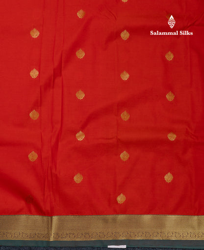 Beautiful Orange Zari Buttas Semi Silk Saree With Contrast Peacock Green Small Border