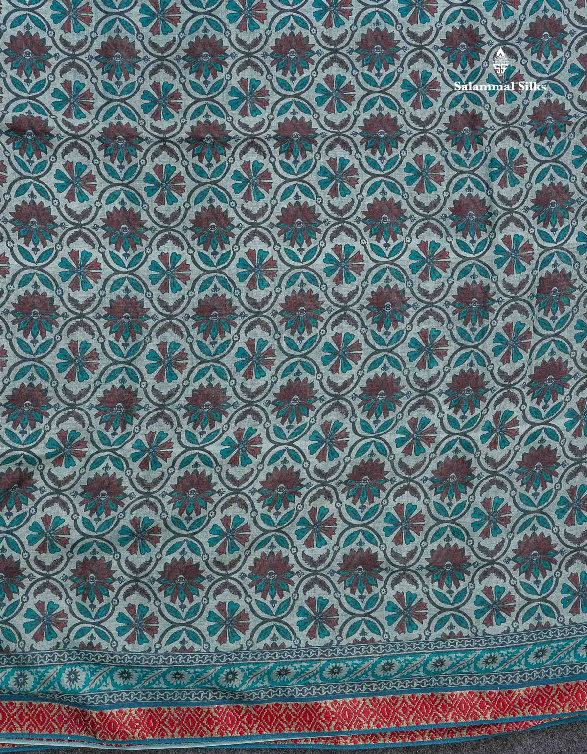 Soft Cotton Saree - Greenish Grey Body Printed With Small Fancy Border