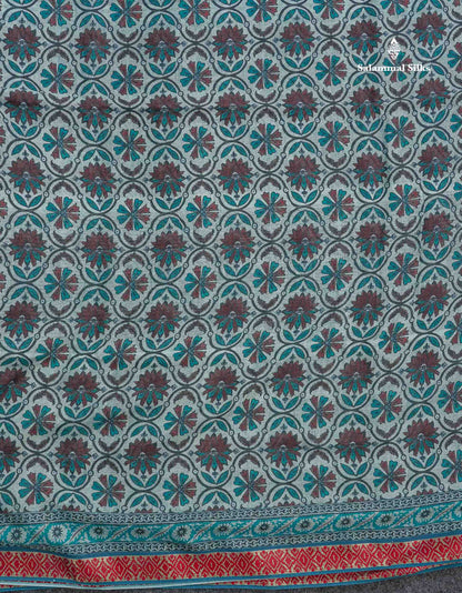 Soft Cotton Saree - Greenish Grey Body Printed With Small Fancy Border