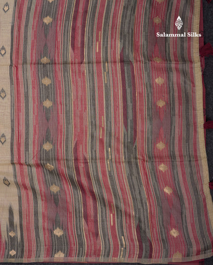 Beautiful Light Peach Menakari Work Muga Cotton Saree With Contrast Olive Green Blouse