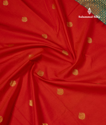 Beautiful Orange Zari Buttas Semi Silk Saree With Contrast Peacock Green Small Border