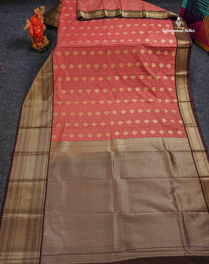 Semi Silk Saree - Peach Zari Butta Along With Contrast Dark Brown Traditional Evening Morning Border