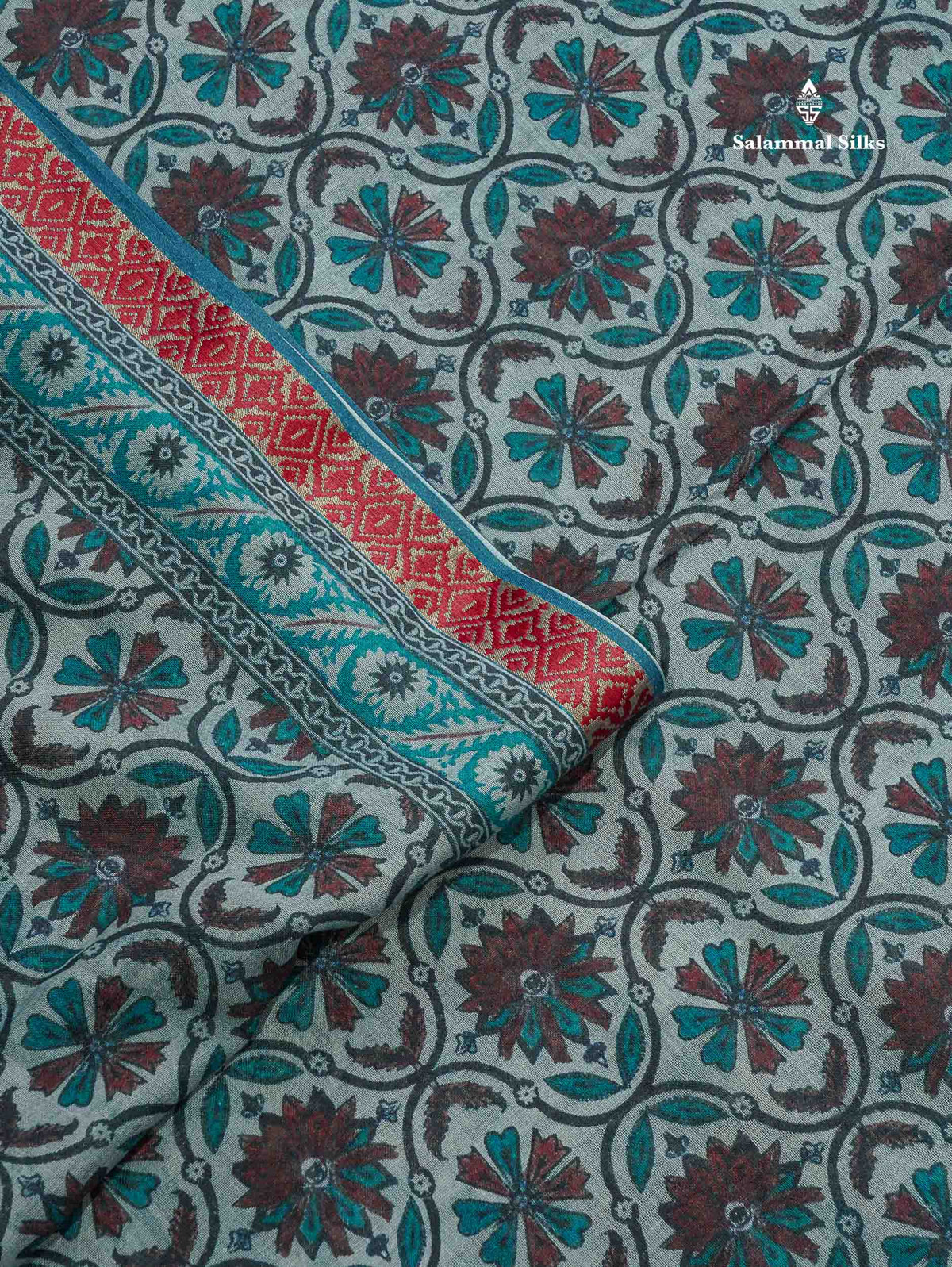 Soft Cotton Saree - Greenish Grey Body Printed With Small Fancy Border