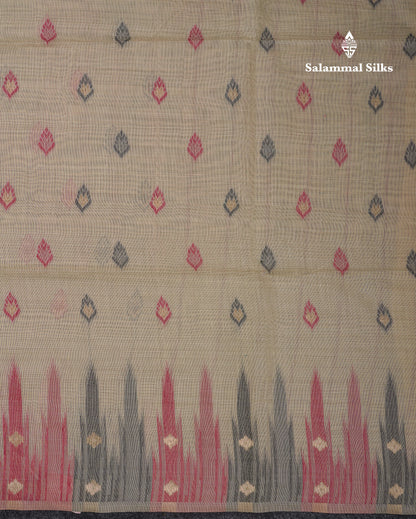 Beautiful Light Peach Menakari Work Muga Cotton Saree With Contrast Olive Green Blouse
