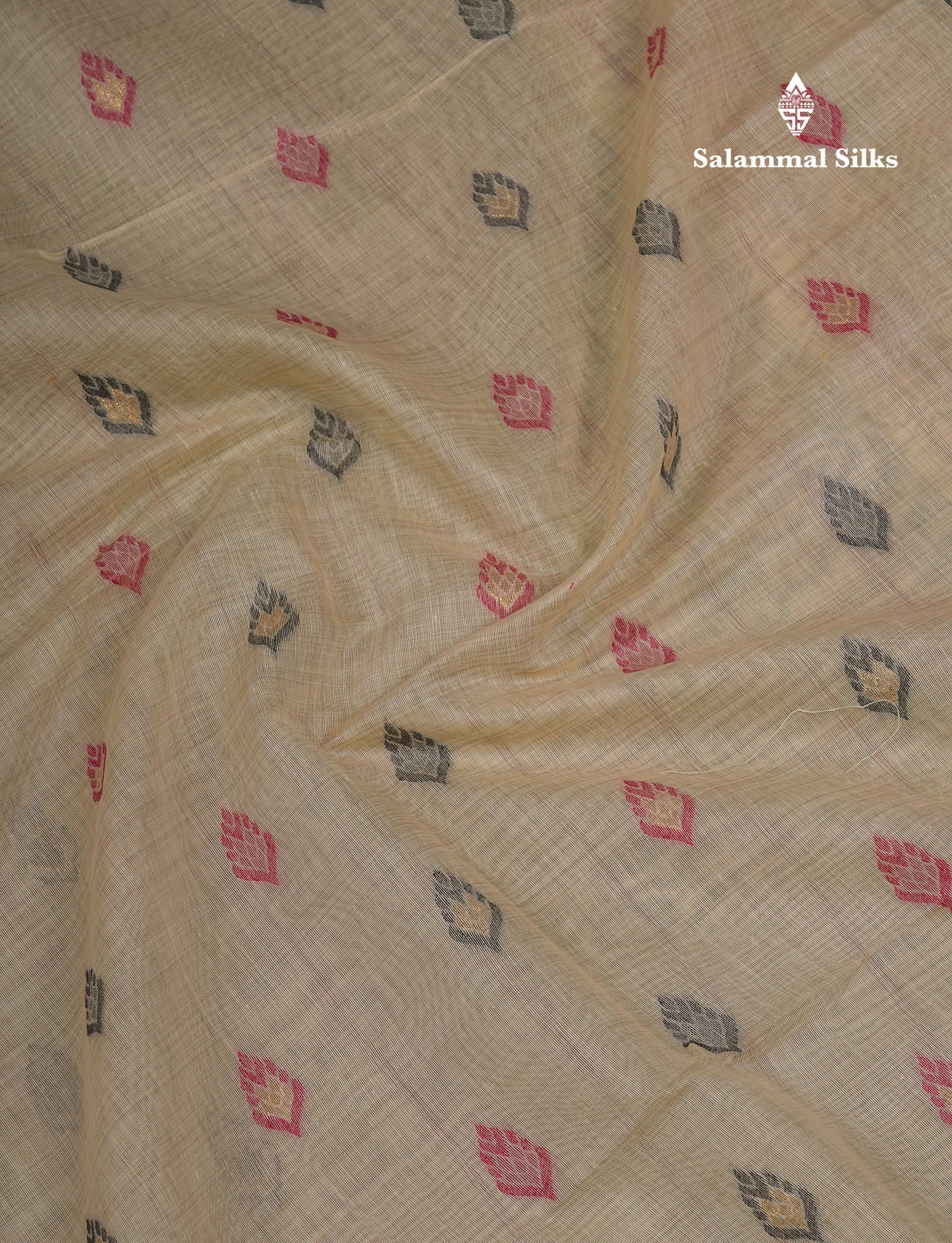 Beautiful Light Peach Menakari Work Muga Cotton Saree With Contrast Olive Green Blouse