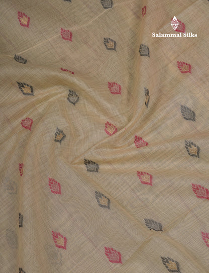 Beautiful Light Peach Menakari Work Muga Cotton Saree With Contrast Olive Green Blouse
