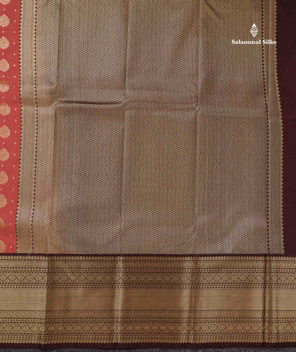 Semi Silk Saree - Peach Zari Butta Along With Contrast Dark Brown Traditional Evening Morning Border