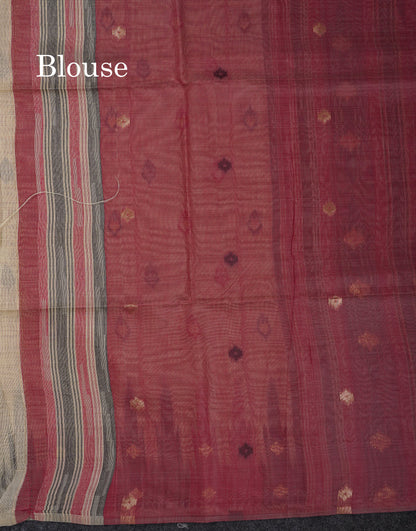 Beautiful Light Peach Menakari Work Muga Cotton Saree With Contrast Olive Green Blouse