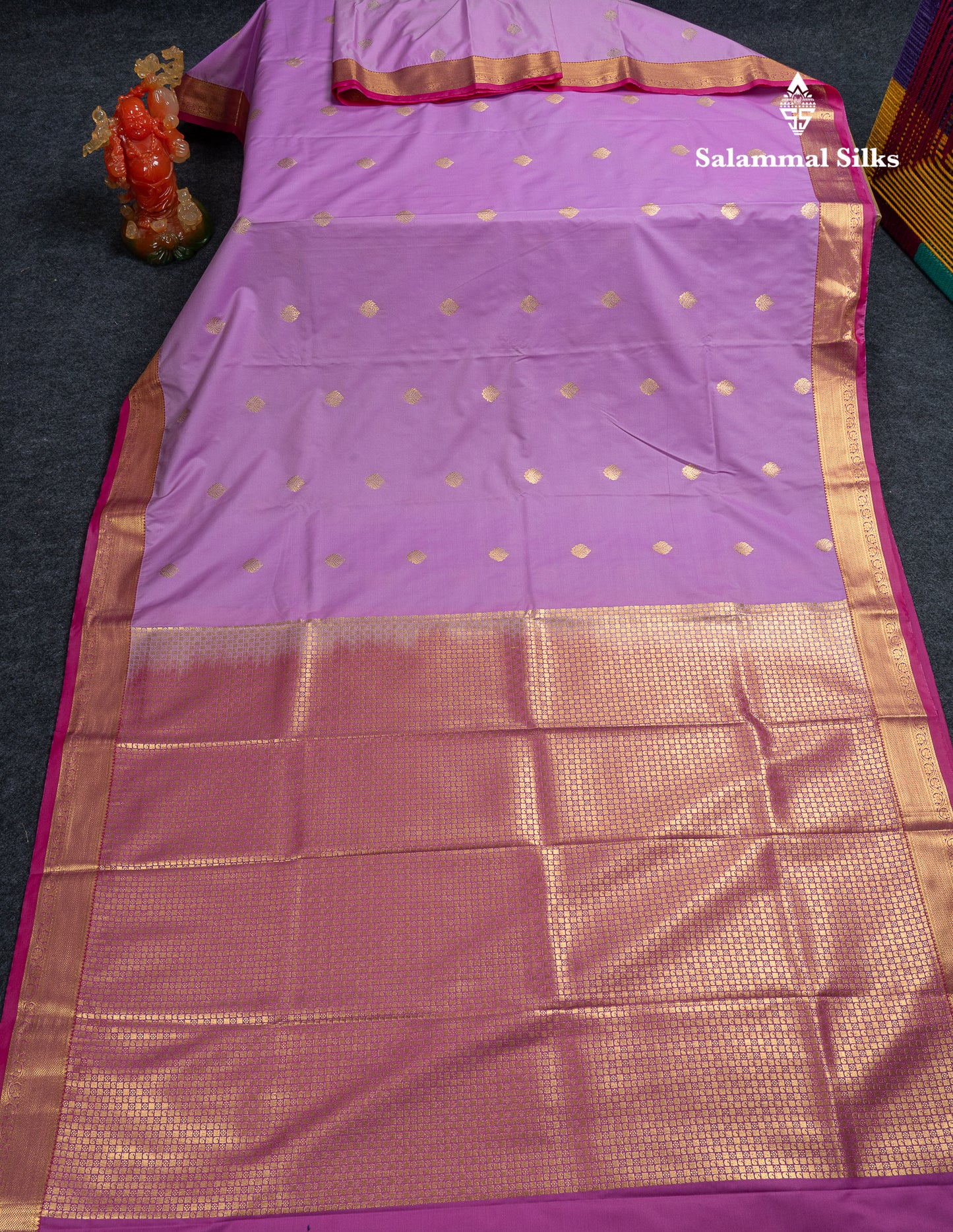 Beautiful Orange Zari Buttas Semi Silk Saree With Contrast Peacock Green Small Border