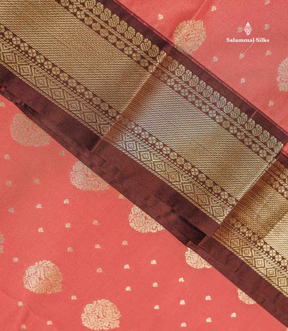 Semi Silk Saree - Peach Zari Butta Along With Contrast Dark Brown Traditional Evening Morning Border