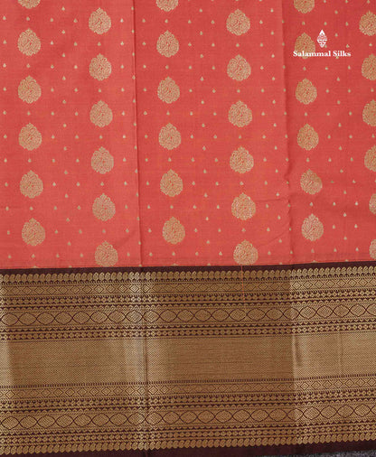 Semi Silk Saree - Peach Zari Butta Along With Contrast Dark Brown Traditional Evening Morning Border