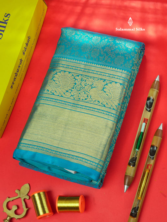 Peacock Blue Pure Kanjivaram Silk Saree Pure zari (3Gram) with Traditional Gold Zari Border