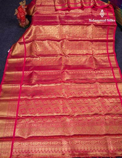 Beautiful Pink Tissue Bridal Pure Kanjivaram Silk Saree With Traditional Evening Morning Border