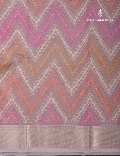 Beautiful Light Pink Zig-Zag Thread Work Semi Organza Fancy Saree With Traditional Border