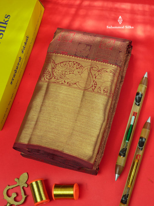 Dark Maroon Pure Kanjivaram Traditional Silk Saree Pure zari (3Gram) with Long Gold Zari Border