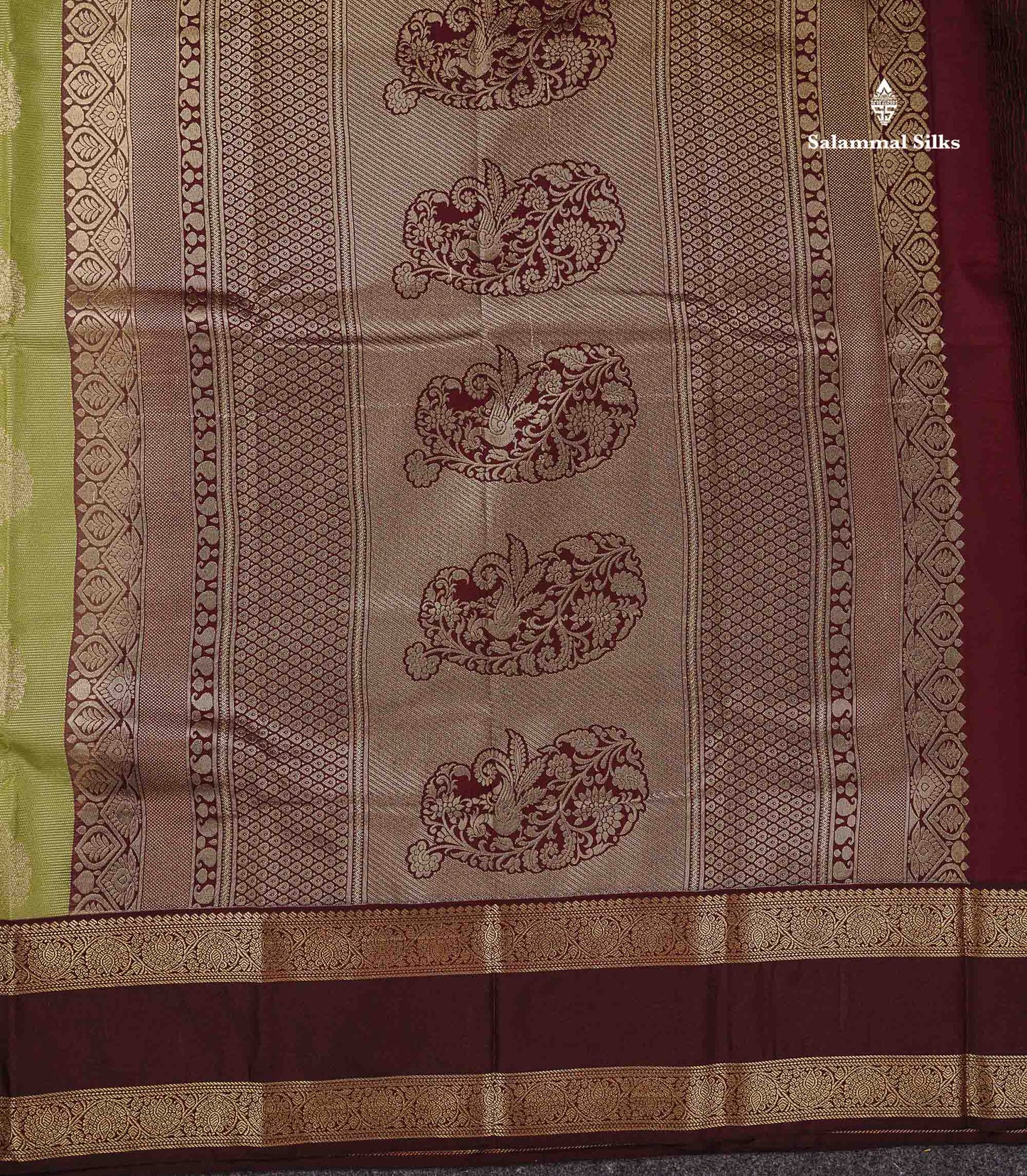 Semi Silk Saree - Pista Green Butta With Vaira Oosi Lines Along With Contrast Dark Brown Traditional Gap Border