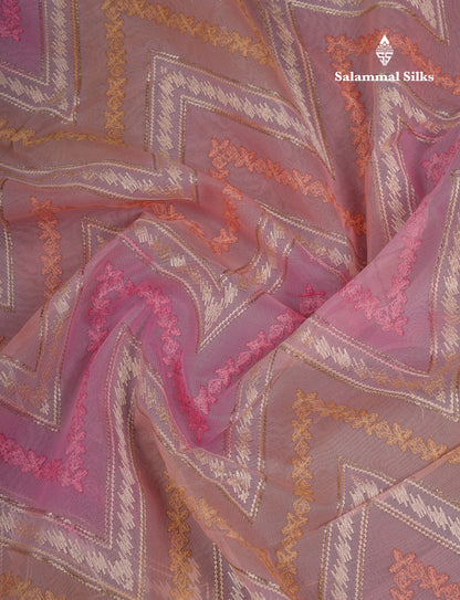 Beautiful Light Pink Zig-Zag Thread Work Semi Organza Fancy Saree With Traditional Border
