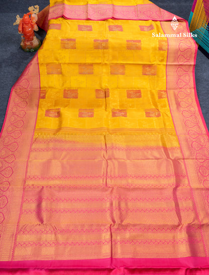 Mustard Yellow Fancy Bridal Pure Kanjivaram Silk Saree With Contrast Pink Border