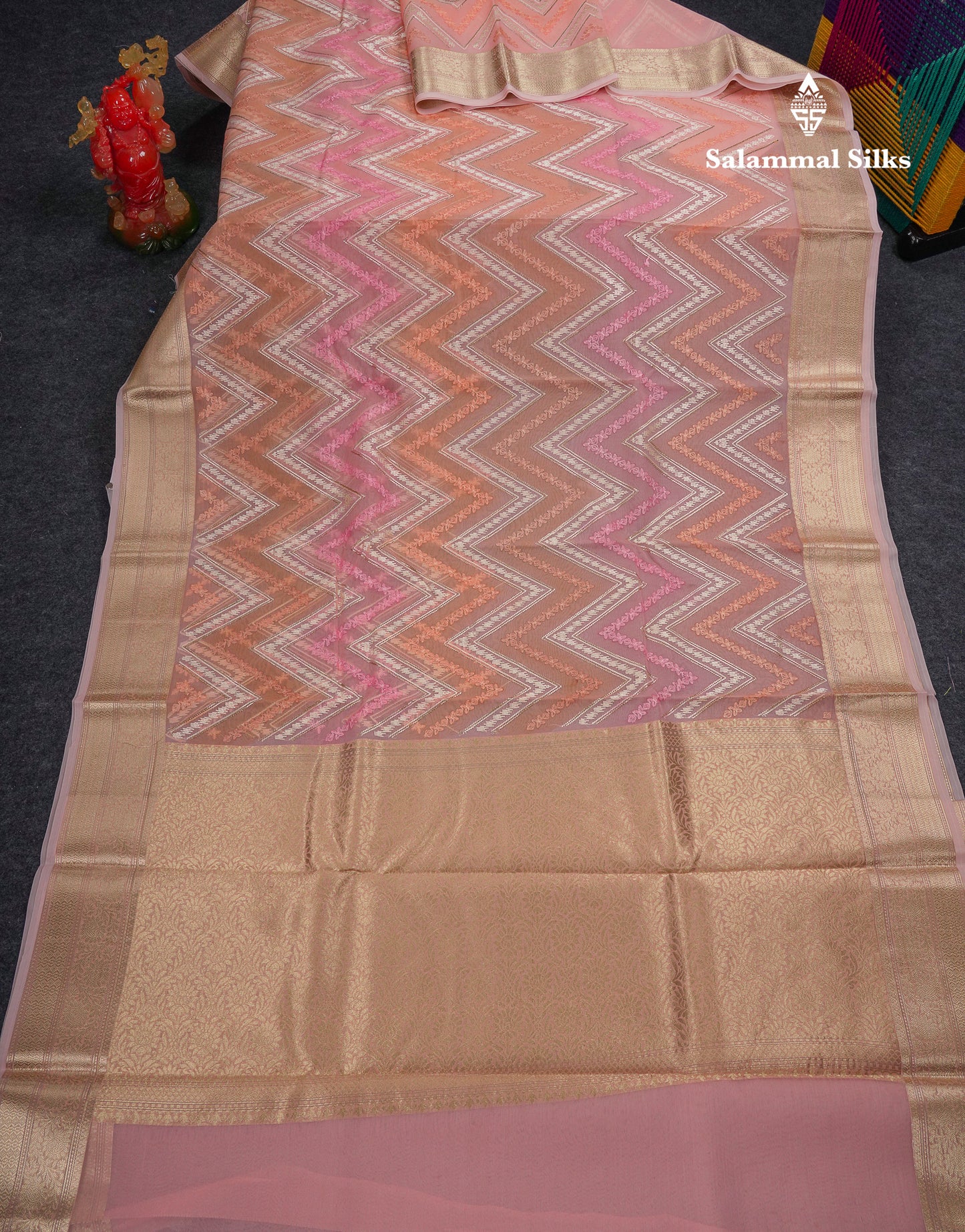 Beautiful Light Pink Zig-Zag Thread Work Semi Organza Fancy Saree With Traditional Border