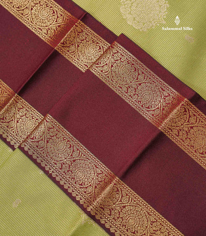 Semi Silk Saree - Pista Green Butta With Vaira Oosi Lines Along With Contrast Dark Brown Traditional Gap Border