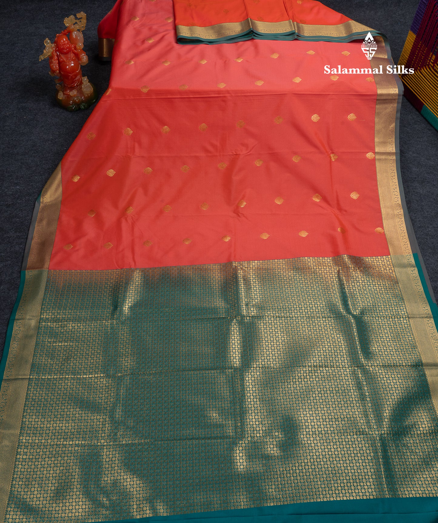 Beautiful Orange Zari Buttas Semi Silk Saree With Contrast Peacock Green Small Border