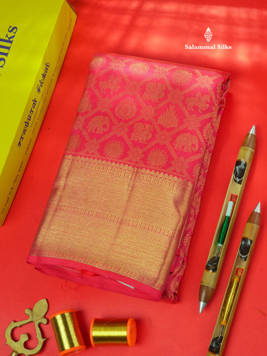 Pure Zari Bridal Reddish Pink Pure Kanjivaram Traditional Silk Saree With Gold Zari Border