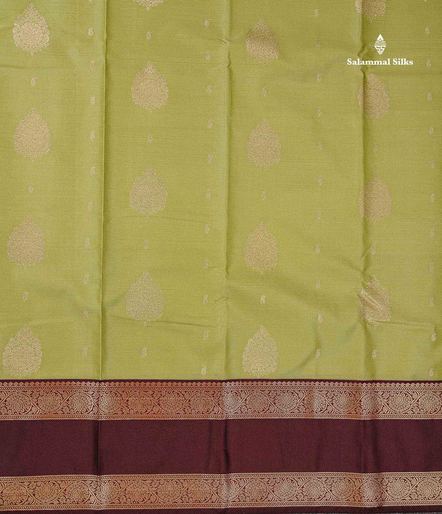 Semi Silk Saree - Pista Green Butta With Vaira Oosi Lines Along With Contrast Dark Brown Traditional Gap Border