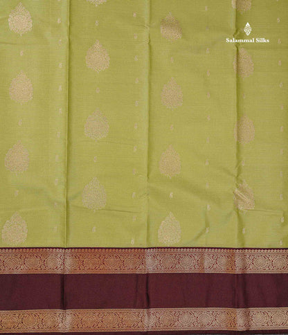 Semi Silk Saree - Pista Green Butta With Vaira Oosi Lines Along With Contrast Dark Brown Traditional Gap Border