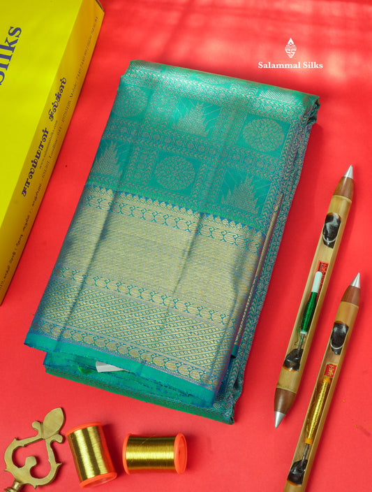 Dual Tone Peacock Blue Pure Kanjivaram Silk Saree Pure Zari (3G) with Traditional Gold Zari Border