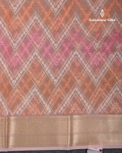 Beautiful Light Pink Zig-Zag Thread Work Semi Organza Fancy Saree With Traditional Border
