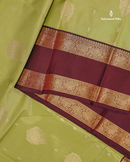 Semi Silk Saree - Pista Green Butta With Vaira Oosi Lines Along With Contrast Dark Brown Traditional Gap Border