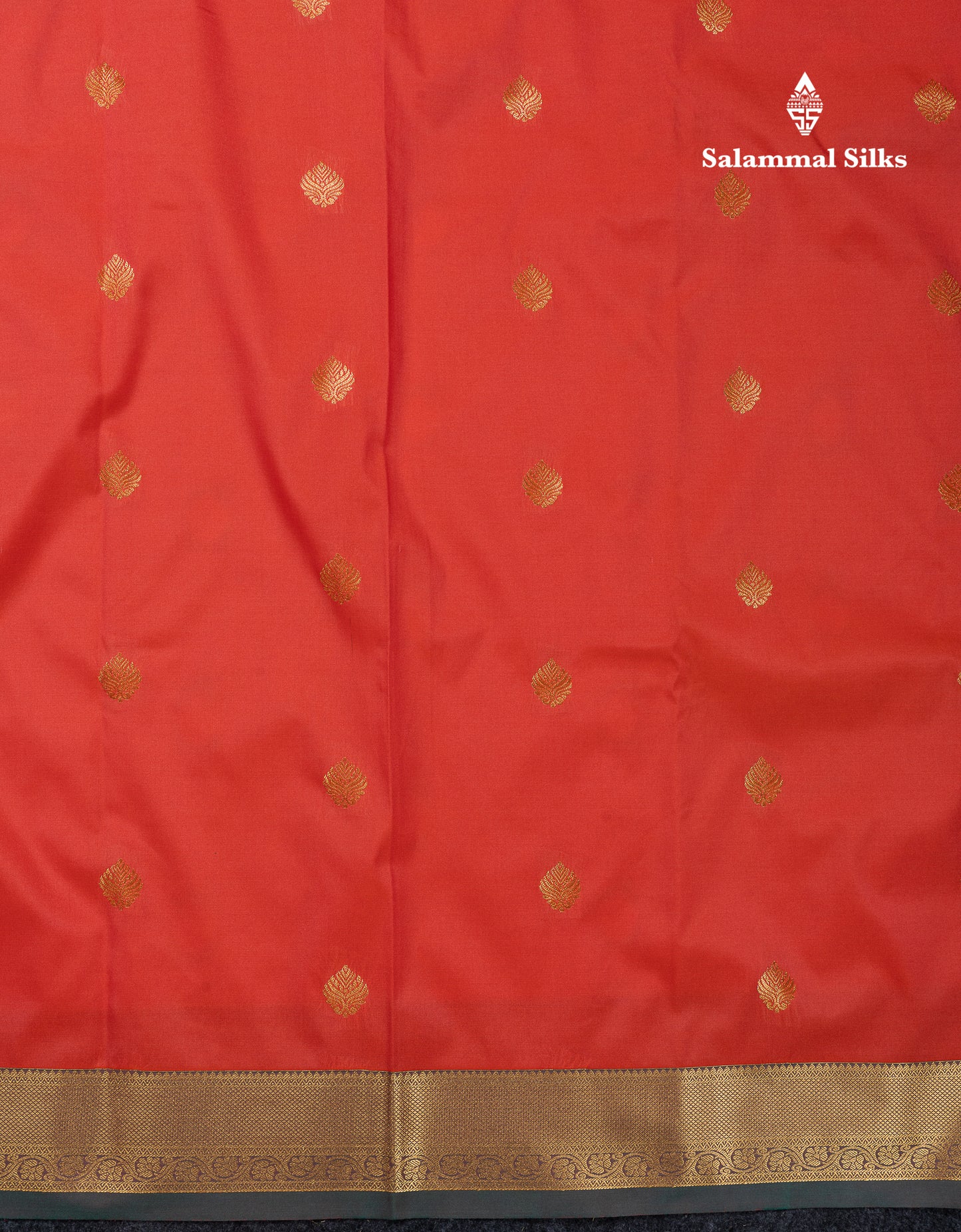 Beautiful Orange Zari Buttas Semi Silk Saree With Contrast Peacock Green Small Border