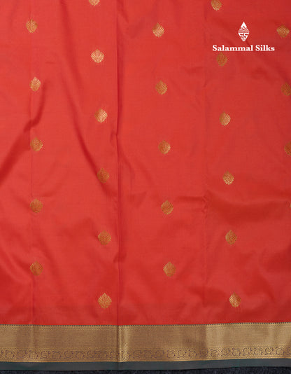 Beautiful Orange Zari Buttas Semi Silk Saree With Contrast Peacock Green Small Border