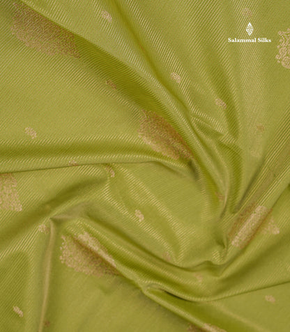 Semi Silk Saree - Pista Green Butta With Vaira Oosi Lines Along With Contrast Dark Brown Traditional Gap Border