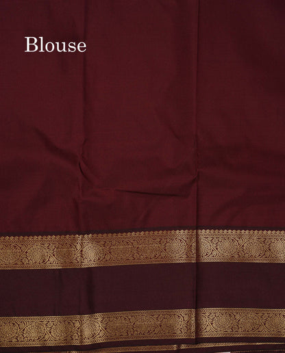 Semi Silk Saree - Pista Green Butta With Vaira Oosi Lines Along With Contrast Dark Brown Traditional Gap Border