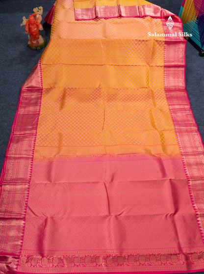 Dual Tone Mango Yellow Bridal Pure Kanjivaram Silk Saree With Contrast Pink Border
