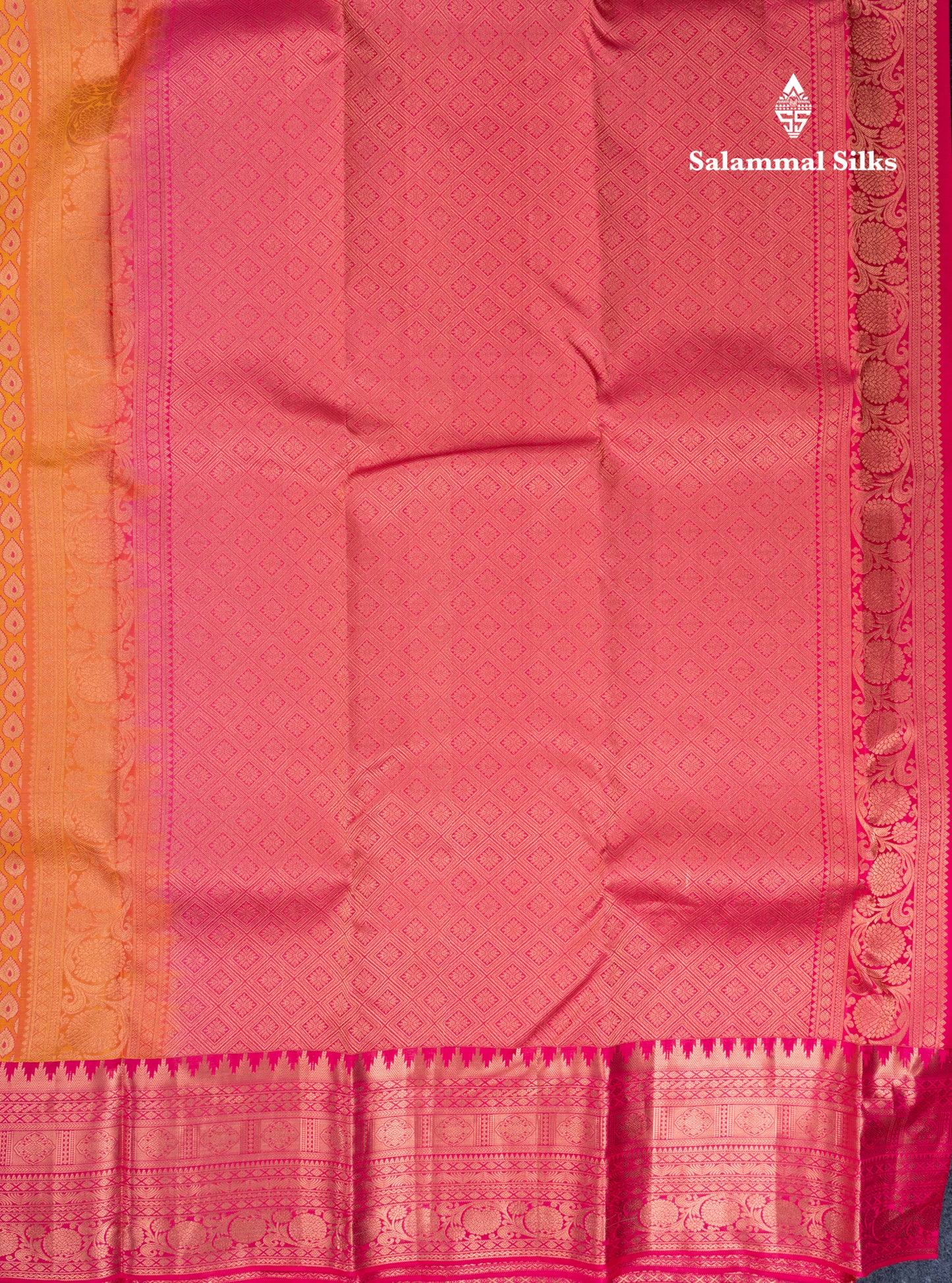 Dual Tone Mango Yellow Bridal Pure Kanjivaram Silk Saree With Contrast Pink Border