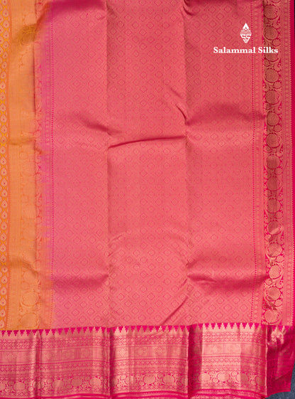 Dual Tone Mango Yellow Bridal Pure Kanjivaram Silk Saree With Contrast Pink Border