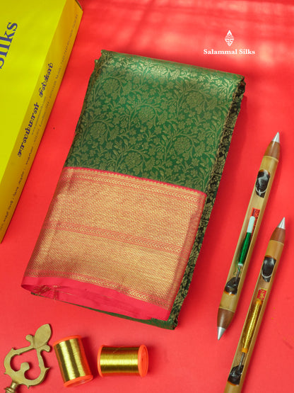 Pure Zari Beautiful Bottle Green Pure Kanjivaram Silk Saree With Contrast Red Border