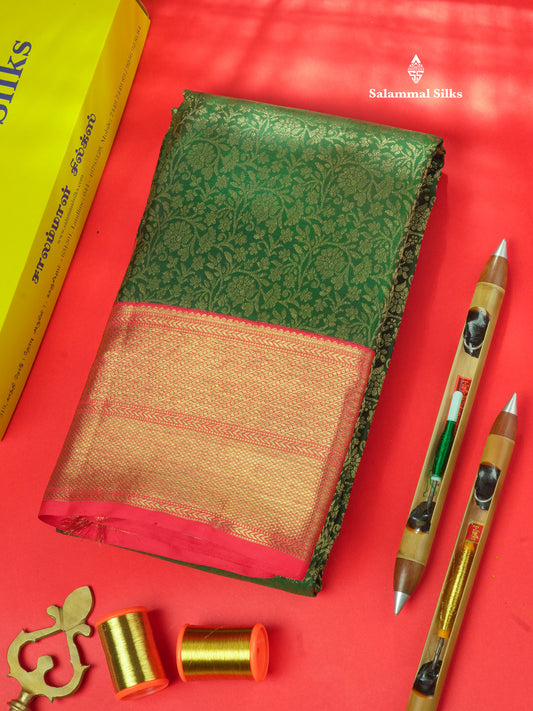 Pure Zari Beautiful Bottle Green Pure Kanjivaram Silk Saree With Contrast Red Border