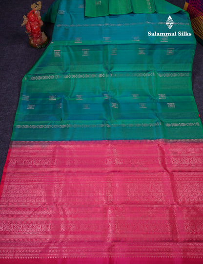 Beautiful Peacock Green Fancy Pure Kanjivaram Silk Saree With Contrast Pink Blouse