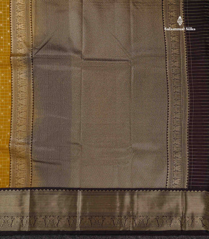 Semi Silk Saree - Mustard Yellow Butta With Small Checks Along With Contrast Snuff Brown Traditional Border